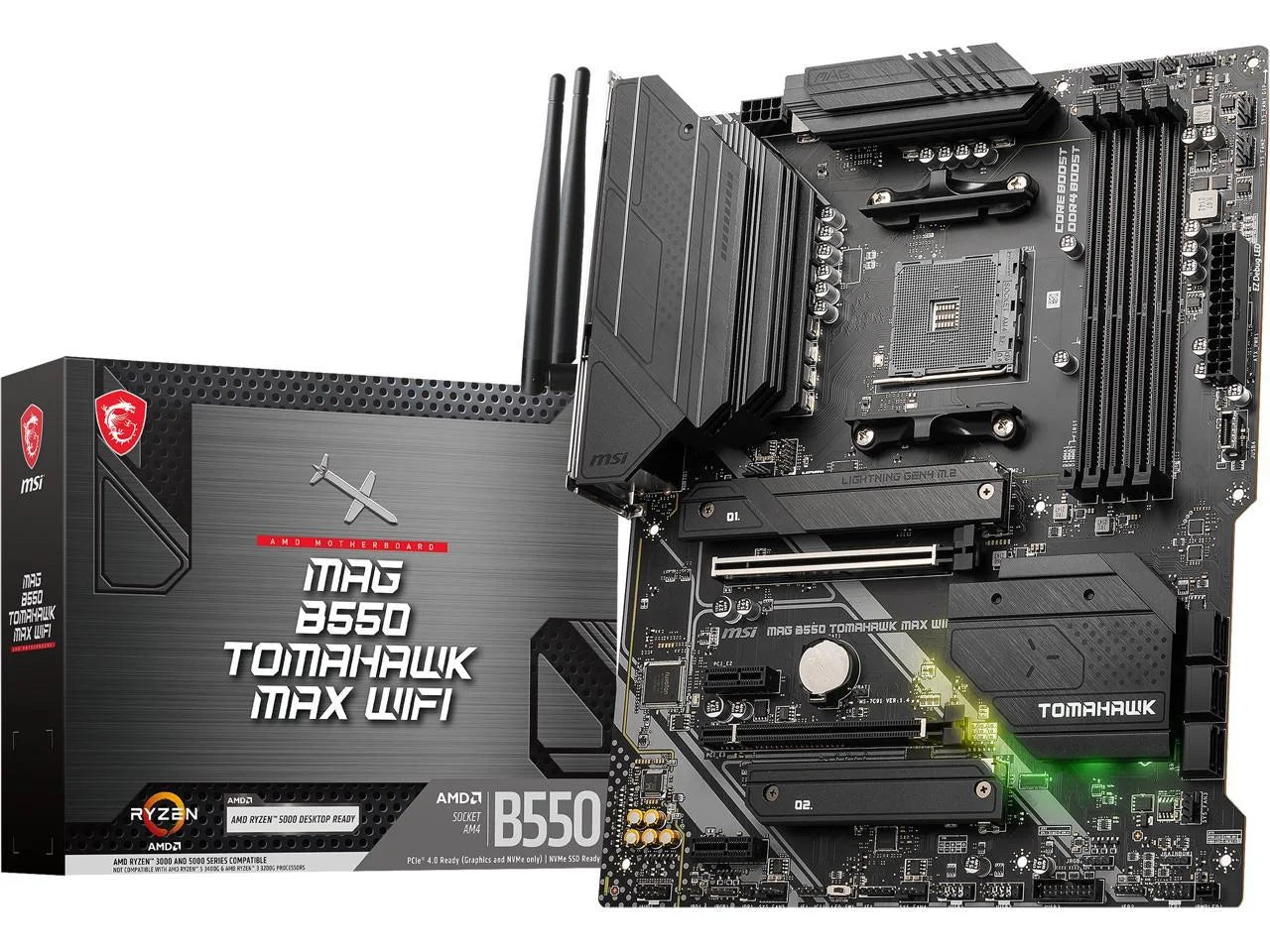 MAG B550 Tomahawk MAX Wifi Gaming Motherboard (AMD AM4, DDR4, Pcie 4.0, SATA 6Gb/S, M.2, USB 3.2 Gen 2, HDMI/DP, ATX, Wi-Fi 6E, AMD Ryzen 5000 Series Processors)